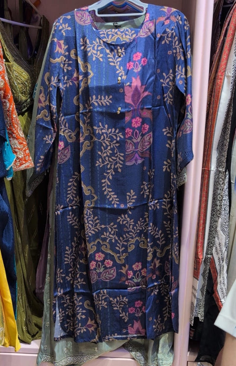 Navy Floral Printed Coord Set | Pink Beige Floral V-Slit Round Neck Wooden Buttons Soft Blend | M to 5XL