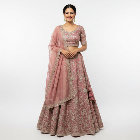 Rosewood Blush Embroidered Ghaghra Choli Set | Zari Sequin Shimmer | Bridal Wedding Wear