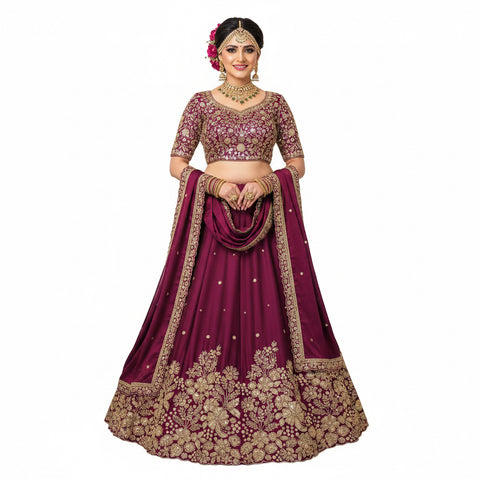 Royal Wine Floral Bridal Ghaghra Choli Set | Zari Sequin Scalloped | Wedding Wear