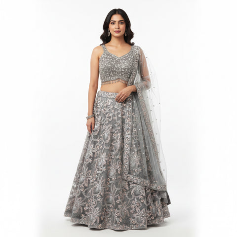 Platinum Mist Crystal Embroidered Ghaghra Choli Set | Crystal Zari Net | Bridal Glamour