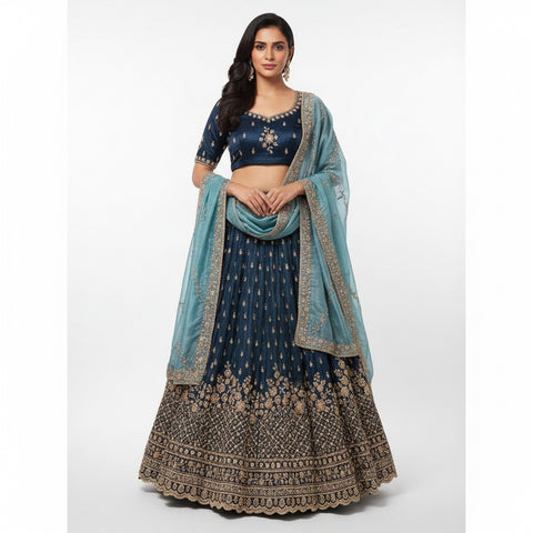 Royal Teal Hand-Embroidered Ghaghra Choli Set | Zari Sequin Silk | Heritage Bridal Wear
