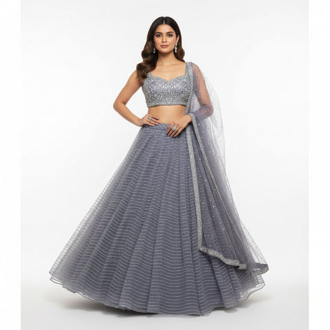Charcoal Sparkle Couture Ghaghra Choli Set | Crystal Zari Sweetheart | Sangeet Cocktail