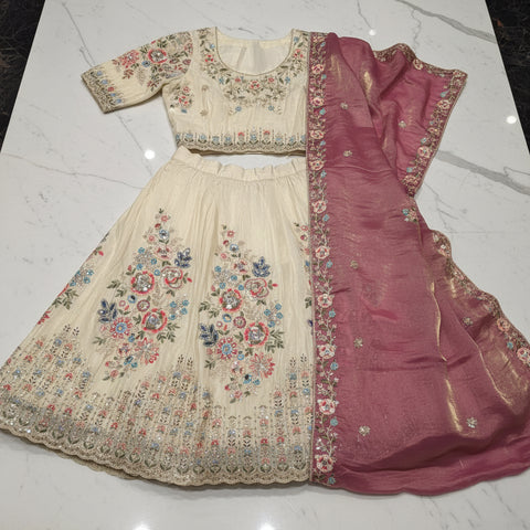 Ivory Blossom Embroidered Ghaghra Choli Set | Multicolour Zari Sequin | Daytime Bridal