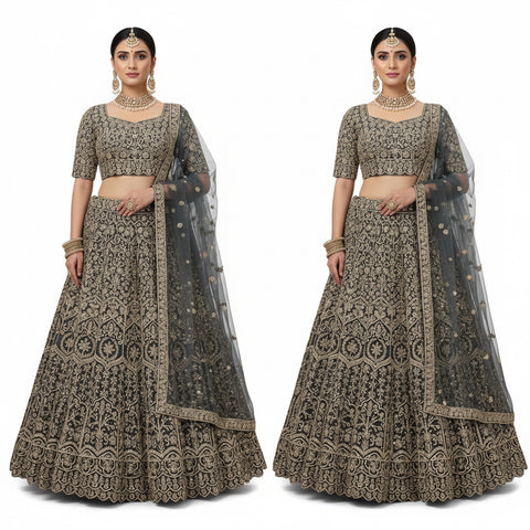 Charcoal Grey & Antique Gold Zari Sequin Embroidered Ghaghara Choli Set with Net Dupatta | Wedding Wear