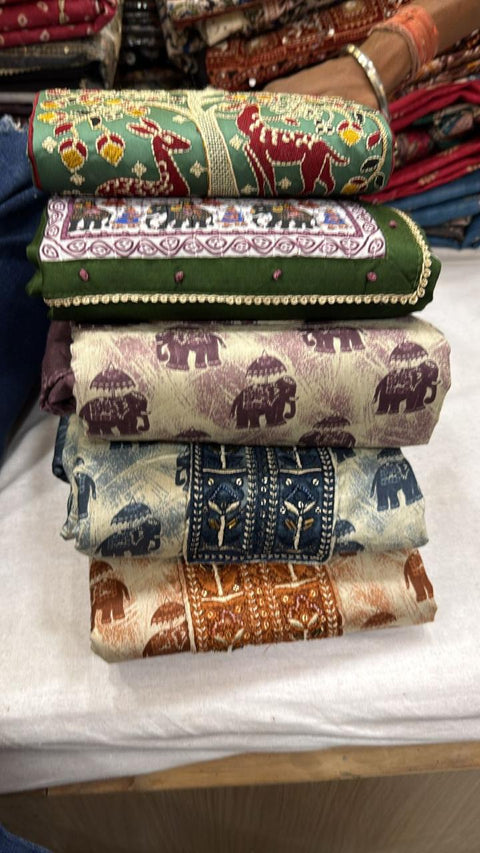 Premium Folk Print Dress Material Set | Muslin Cotton Slub | Hand Block Folk Animal Motif Mirror Thread | Unstitched