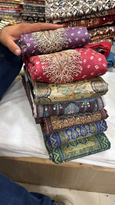 Premium Embroidered Dress Material Set | Tussar Silk & Muslin Cotton | Heavy Thread Gota Sequin | Unstitched
