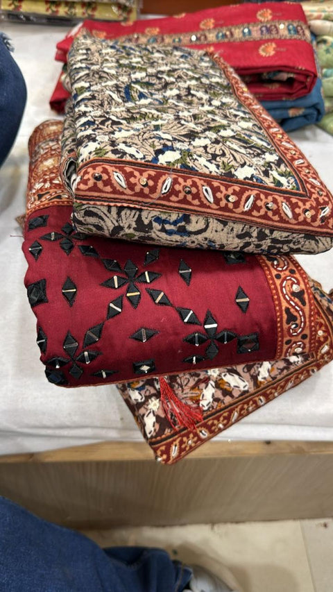 Ajrak Print Dress Material with Gamthi Work | Traditional Kutch Hand Embroidery Mirror | Unstitched Kurti Dupatta