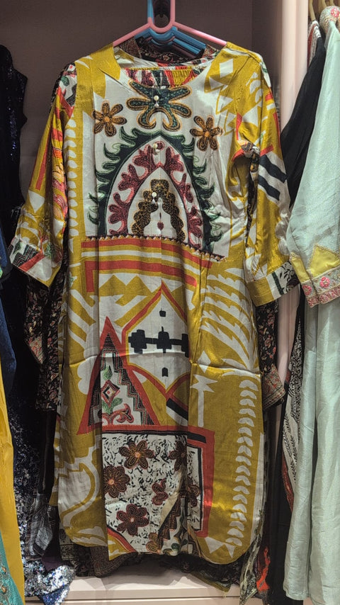 Mustard Yellow Abstract Print Kurti Coord Set | Geometric Floral Bold Motif Round Neck 3/4 Sleeve | Casual Festive Vacation