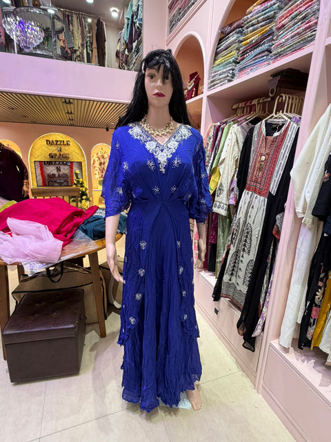 Royal Blue Embroidered Ethnic Gown | Silver V-Neck Flared Gown | Festive Ethnic Wear