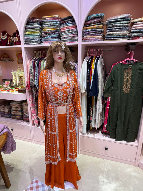 Rust Orange Embroidered Coord Set | Bustier Palazzo Embroidered Jacket | 3-Piece Festive Ethnic