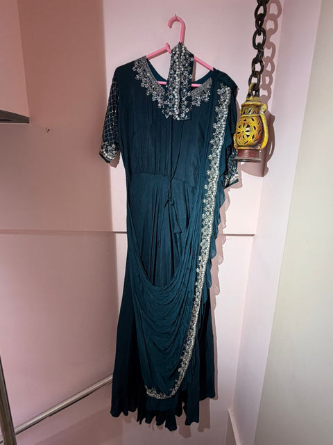 Teal Blue Draped Ethnic Dress | Silver Embroidery Festive Ethnic Wear | Elegant Gown