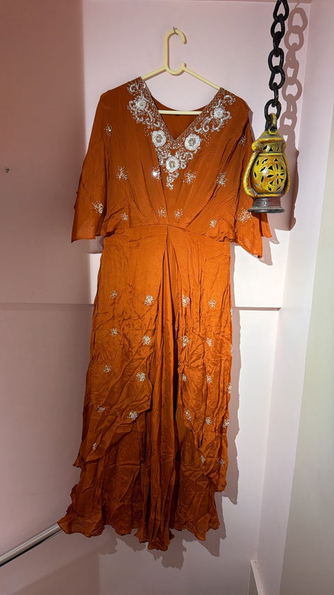 Amber Glow Embroidered Ethnic Gown | Silver Floral V-Neck | Festive Ethnic Wear