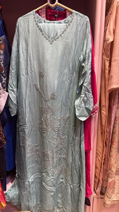 Mint Green Floral Embroidered Straight Kurta with Silver Beadwork Neckline | Festive Ethnic Wear