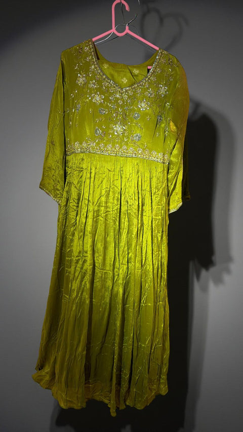 Olive Gold Embroidered Anarkali Gown with Dupatta | Shimmer Festive Ethnic Wear