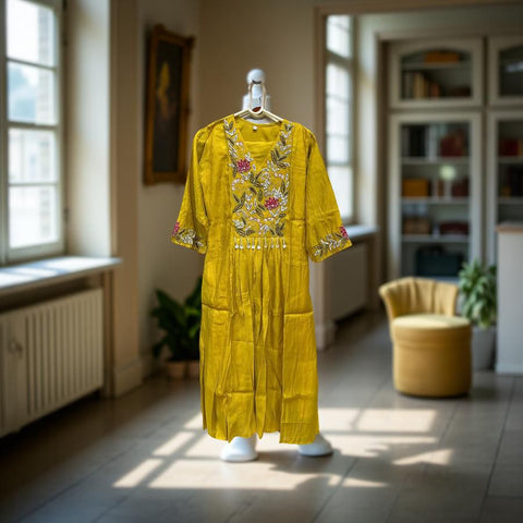 Sunlit Mustard Floral Embroidered Salwar Suit with Thread Embellishments & Dupatta | Festive Ethnic Wear