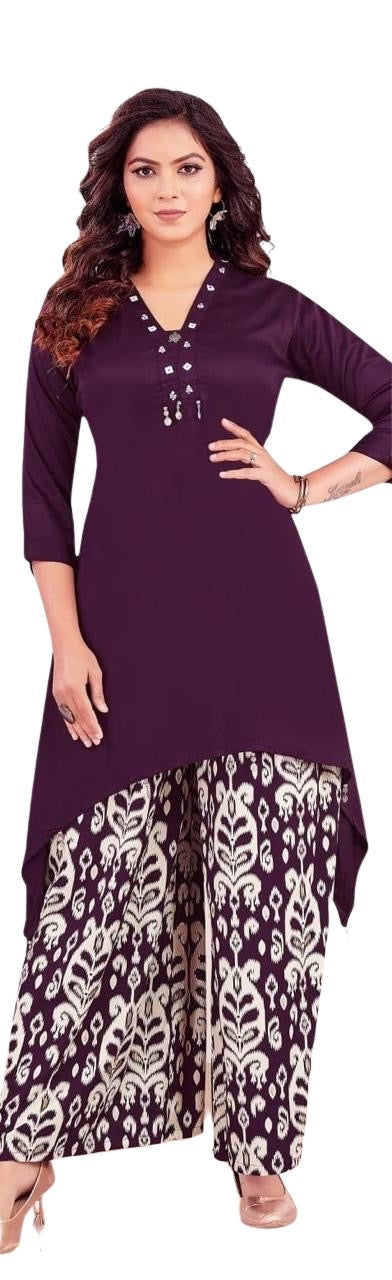 Asymmetrical Kurti with Printed Palazzo Set | Mirror Tassel Wine-Purple | Festive Coord