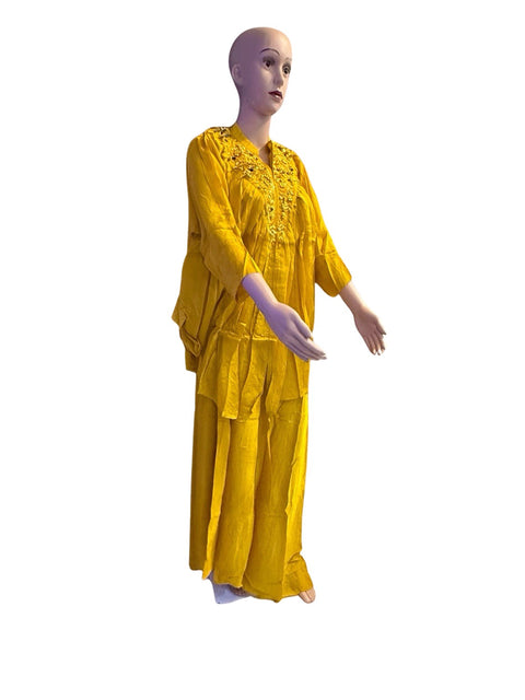 Puja Mustard Yellow Embroidered Kaftan Coord Set