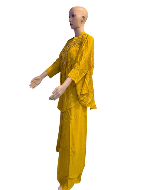 Puja Mustard Yellow Embroidered Kaftan Coord Set
