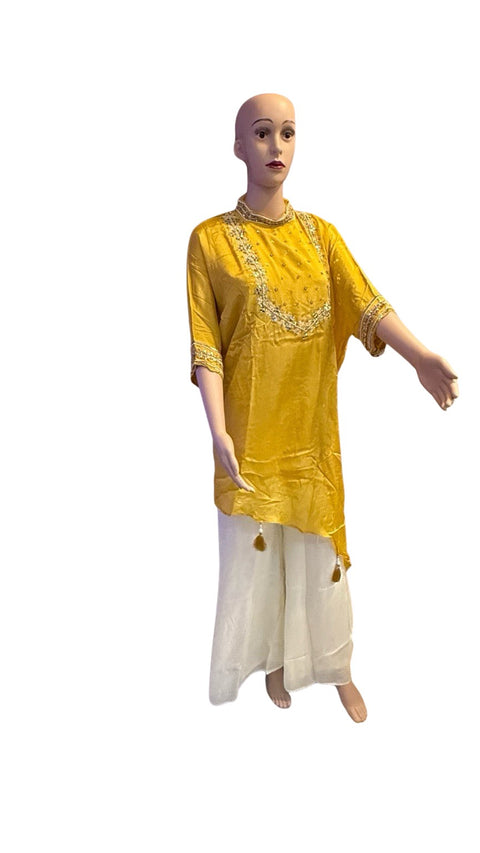 Puja Mustard Yellow Embroidered Kurti with White Palazzo Set