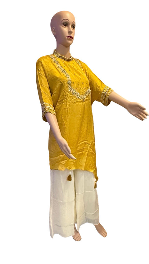 Puja Mustard Yellow Embroidered Kurti with White Palazzo Set