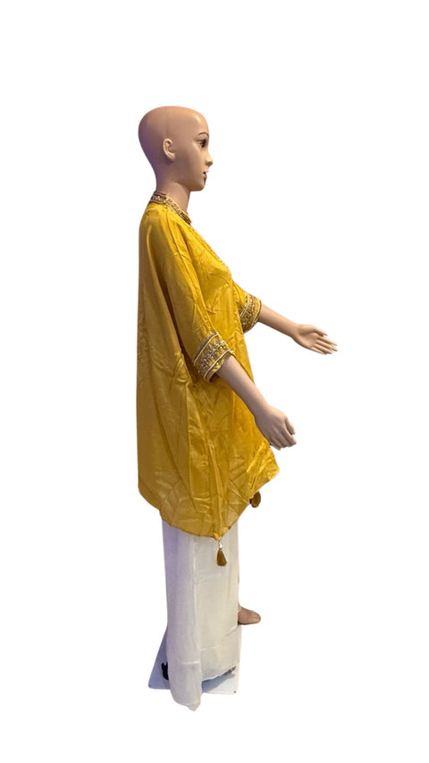 Puja Mustard Yellow Embroidered Kurti with White Palazzo Set