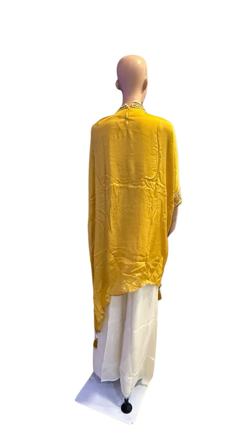 Puja Mustard Yellow Embroidered Kurti with White Palazzo Set