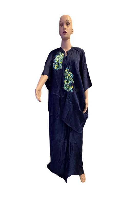 Puja Navy Blue Embroidered Kaftan Coord Set