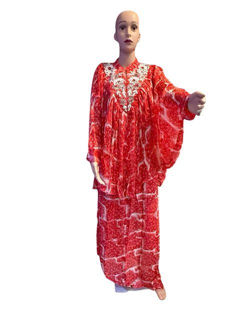 Puja Red & White Tie-Dye Kaftan Coord Set with Embroidered Neckline