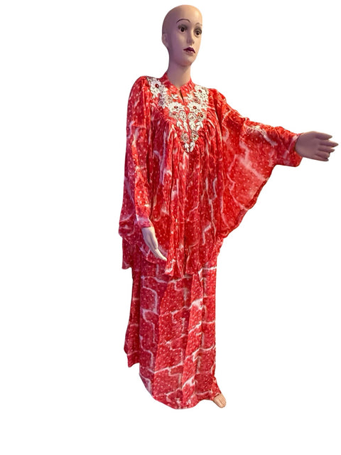 Puja Red & White Tie-Dye Kaftan Coord Set with Embroidered Neckline