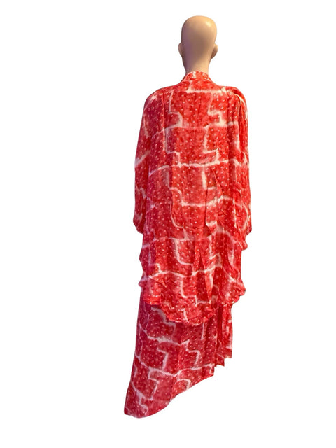 Puja Red & White Tie-Dye Kaftan Coord Set with Embroidered Neckline