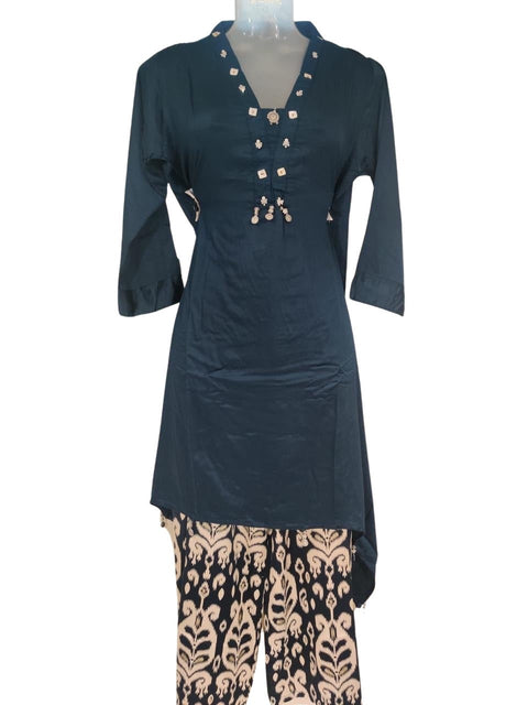 Navy Blue Embellished Kurta with Printed Palazzo | V-Neck Ethnic Fusion Coord Set