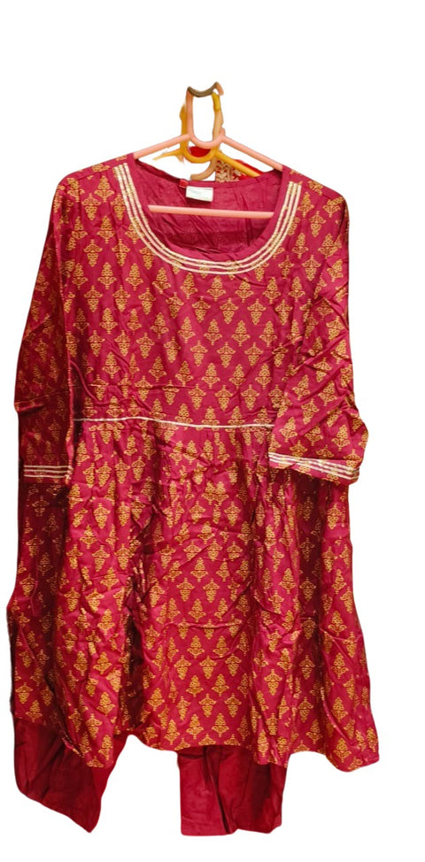 Traditional Magenta Gold Printed Garba Tunic Top with dhoti-set