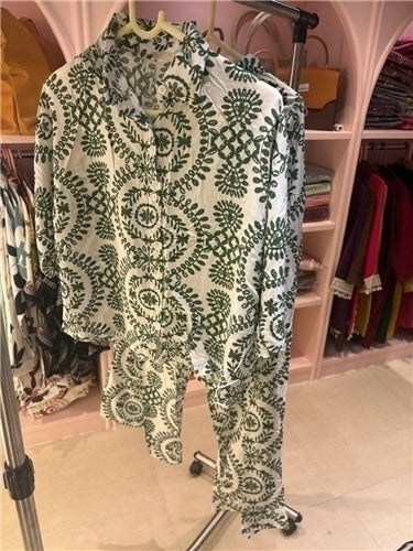 Printed Coord Set | Shirt-Style Button-Down Cotton Blend | Navy Blue & White Green | Casual Resort