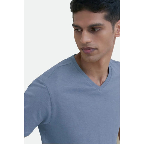 Generic Men's Casual Half sleeve Solid Cotton V Neck T-shirt (Blue)