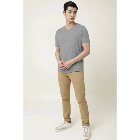Generic Men's Casual Half sleeve Solid Cotton V Neck T-shirt (Grey Melange)