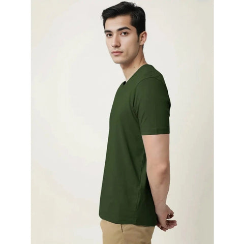 Generic Men's Casual Half sleeve Solid Cotton V Neck T-shirt (Olive)