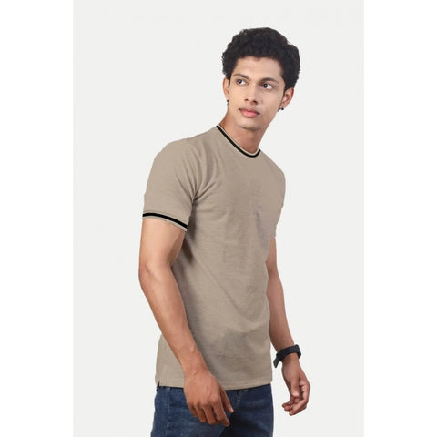 Generic Men's Casual Half sleeve Solid Polyester Crew Neck T-shirt (Beige)