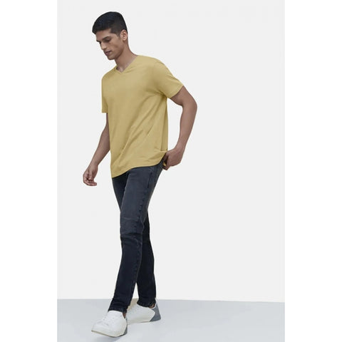 Generic Men's Casual Half sleeve Solid Cotton V Neck T-shirt (Sand)