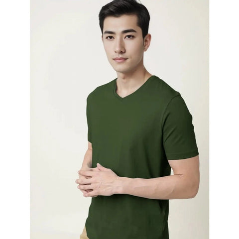 Generic Men's Casual Half sleeve Solid Cotton V Neck T-shirt (Olive)