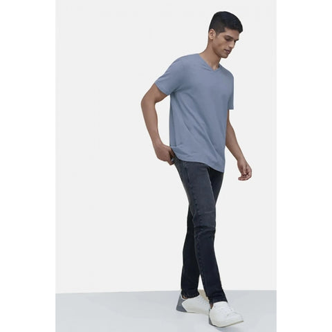 Generic Men's Casual Half sleeve Solid Cotton V Neck T-shirt (Blue)