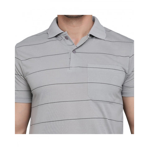 Generic Men's Casual Half Sleeve Striped Cotton Blended Polo Neck T-shirt (L.Grey)