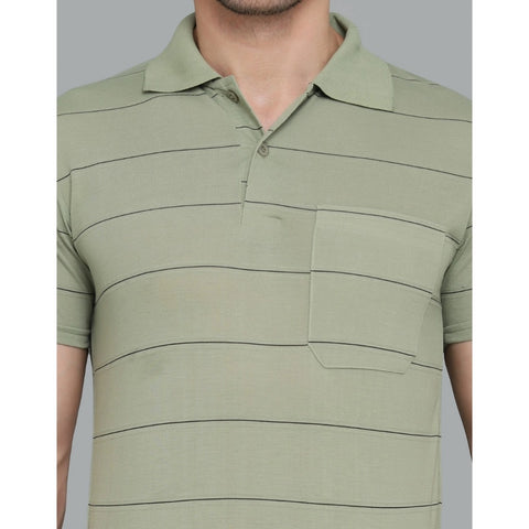 Generic Men's Casual Half Sleeve Striped Cotton Blended Polo Neck T-shirt (L.Green)