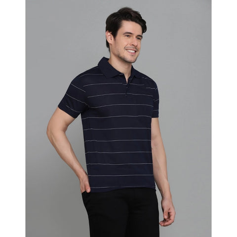 Generic Men's Casual Half Sleeve Striped Cotton Blended Polo Neck T-shirt (Navy)