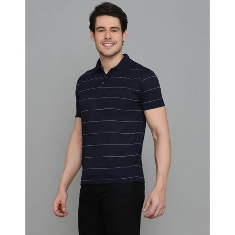 Generic Men's Casual Half Sleeve Striped Cotton Blended Polo Neck T-shirt (Navy)