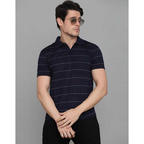 Generic Men's Casual Half Sleeve Striped Cotton Blended Polo Neck T-shirt (Navy)