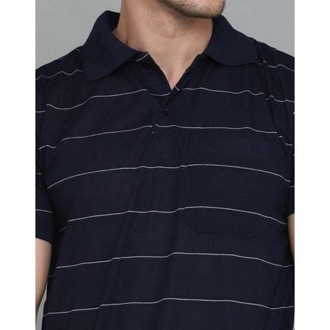 Generic Men's Casual Half Sleeve Striped Cotton Blended Polo Neck T-shirt (Navy)