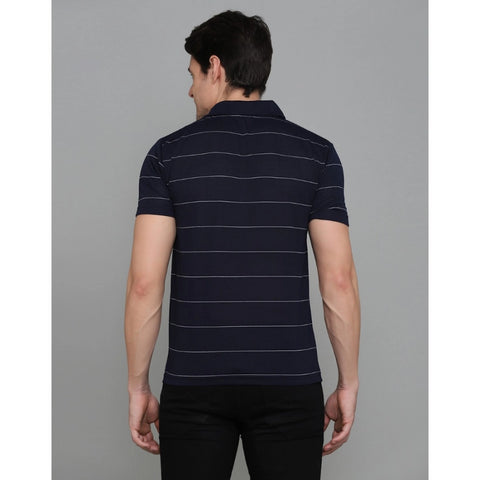 Generic Men's Casual Half Sleeve Striped Cotton Blended Polo Neck T-shirt (Navy)