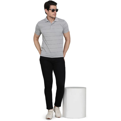 Generic Men's Casual Half Sleeve Striped Cotton Blended Polo Neck T-shirt (L.Grey)