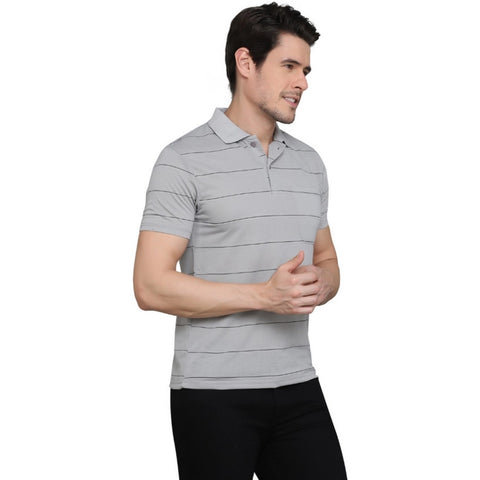 Generic Men's Casual Half Sleeve Striped Cotton Blended Polo Neck T-shirt (L.Grey)