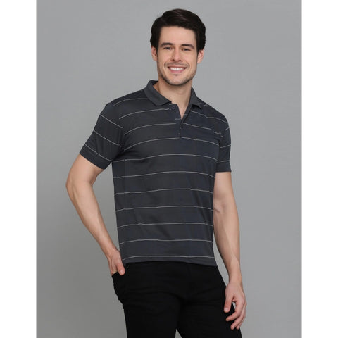 Generic Men's Casual Half Sleeve Striped Cotton Blended Polo Neck T-shirt (Grey)